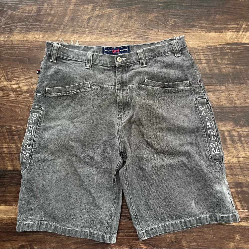 Y2K Phat Farm Spellout pocket baggy denim gray jean shorts jorts size 36 hip hop